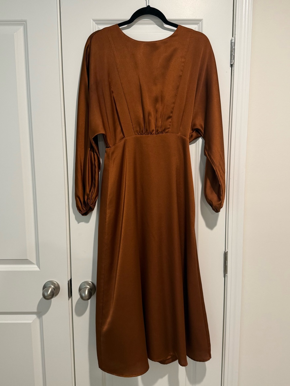 Satin Long Sleeve Midi Dress in Rust
